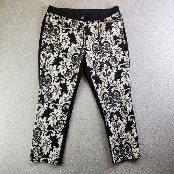 Chicos Ankle Pants Womens 1.5 US 10 Black Floral Stretch Mid Rise Tapered Leg - Picture 1 of 16